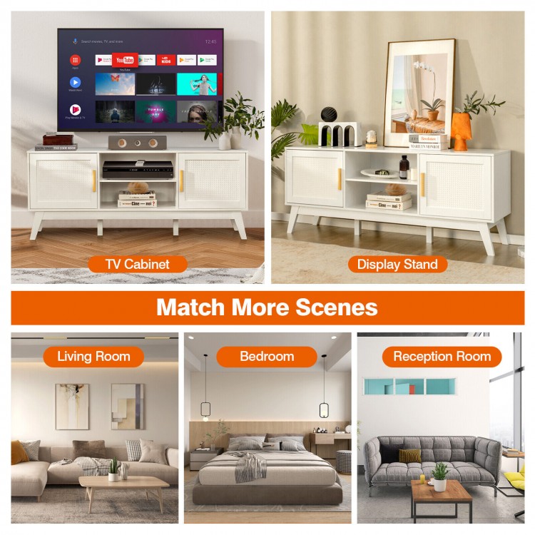 Mid-century modern TV stand in white showcasing rattan doors and adjustable shelves, ideal for stylish living room.